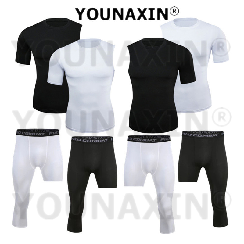 T Shirt Tight Fit - ชุดกีฬายูนิเซ็กซ์เสื้อยืดแขนสั้นวิ่งรัดรูปเด็กกีฬากางเกงครอปกางเกงเลกกิ้งฟิตเนสกางเกงแห้งเร็ว S-3XL