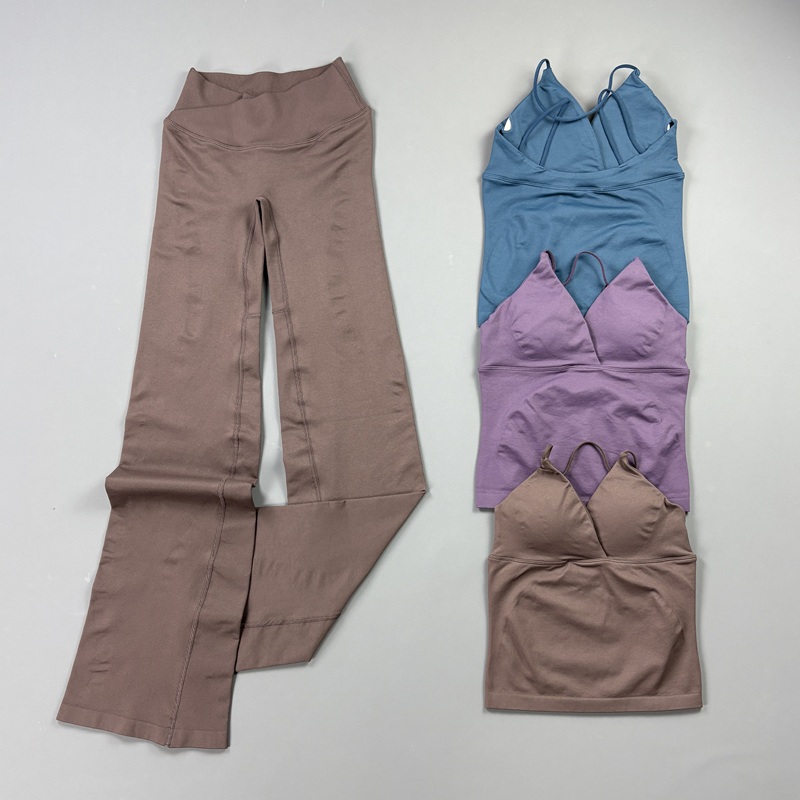Suspender Tank Top - ชุดโยคะออกกำลังกายไร้รอยต่อสำหรับผู้หญิง 2 ชิ้น เสื้อกล้ามสายเดี่ยวบาง กางเกงเลกกิ้งเอวไขว้ทรงบาน ช่วยกระชับสะโพก
